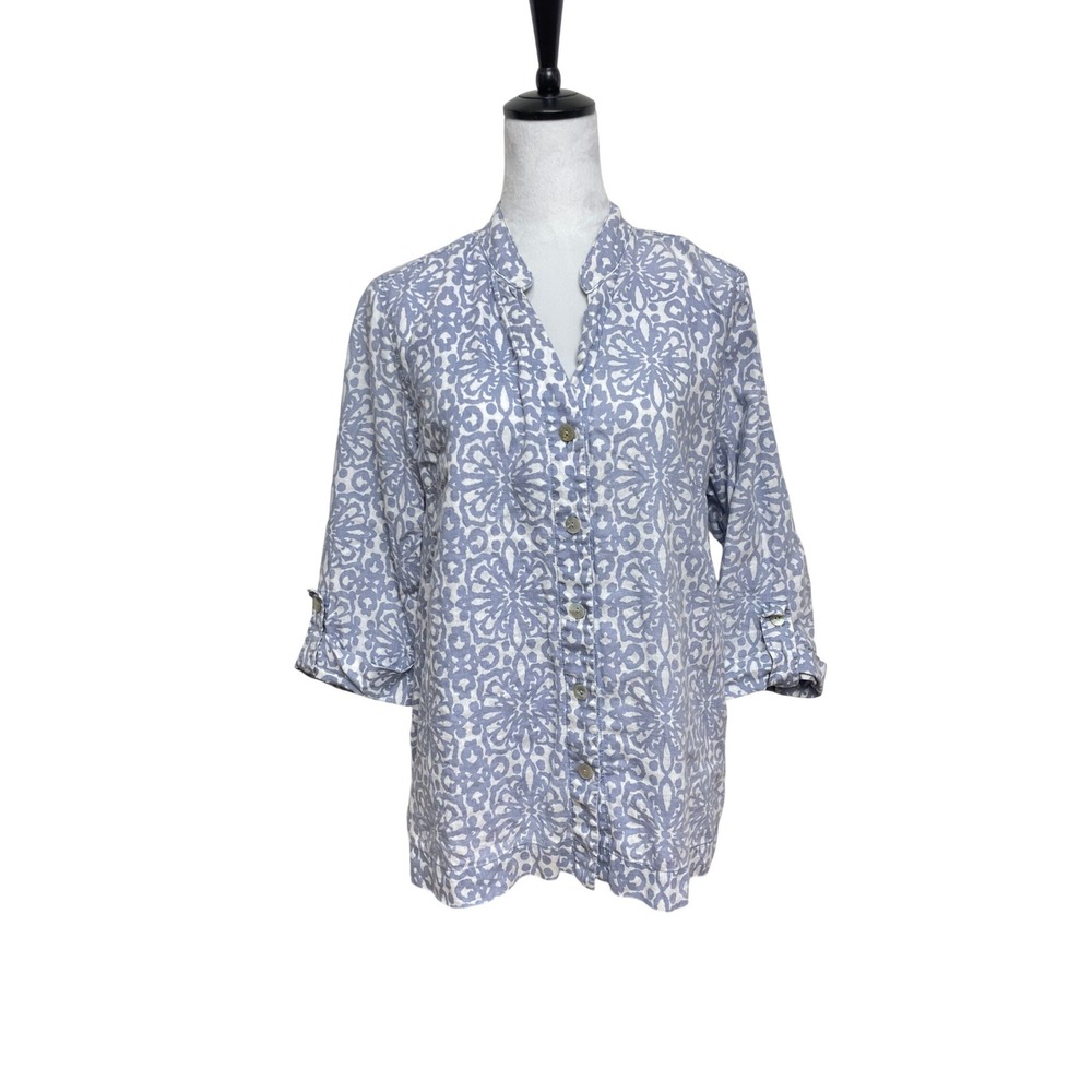 100%‎ Linen Ruby Rd Floral Medallion Roll Tab Long Sleeve Button Up Shirt Medium